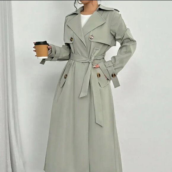 Elegant Double-Breasted Trench Coat for Women - Long Sleeve, Button-Up, Flared - Picture 4 of 5